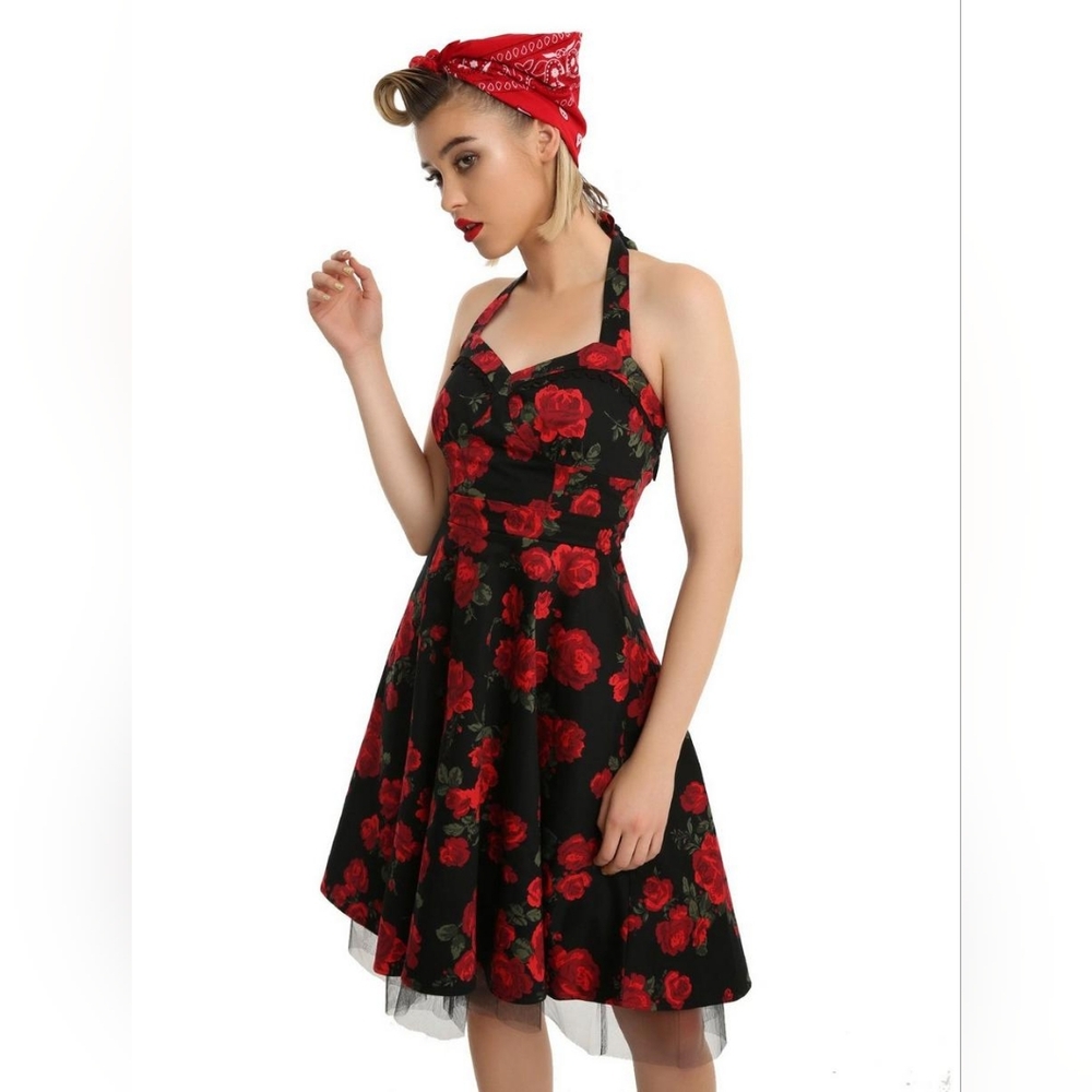 Hot Topic Black & Red Floral Halter Dress